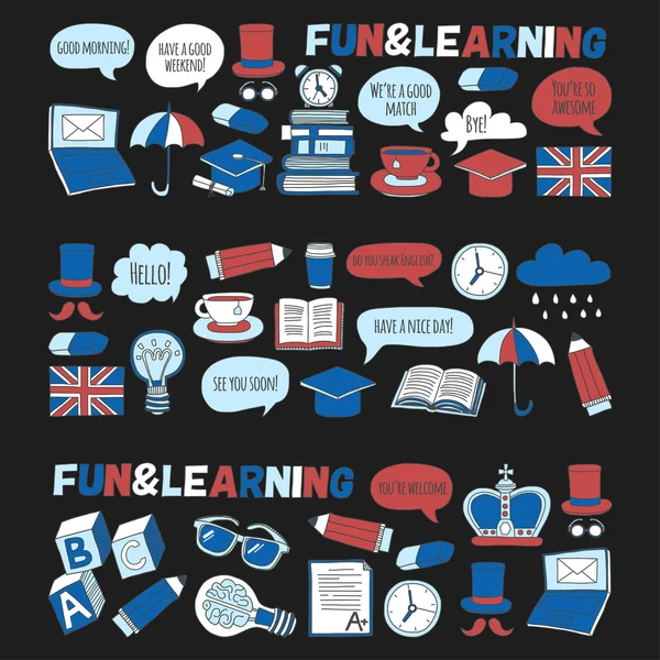Vektör Doodle desen ve simgeler İngilizce kursları Dil Okulu ayarla.