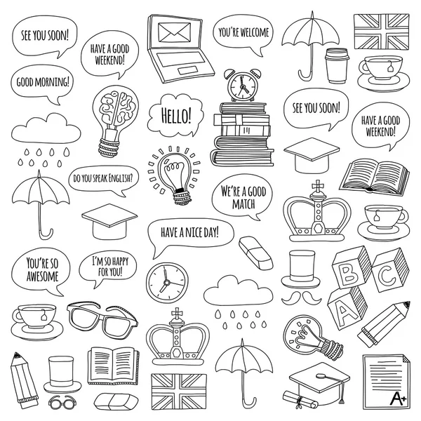 Vektör Doodle desen ve simgeler İngilizce kursları Dil Okulu ayarla.