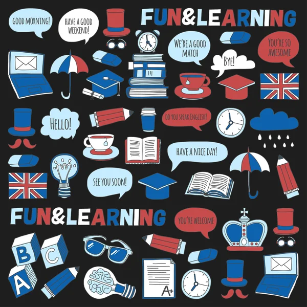 Vektör Doodle desen ve simgeler İngilizce kursları Dil Okulu ayarla.
