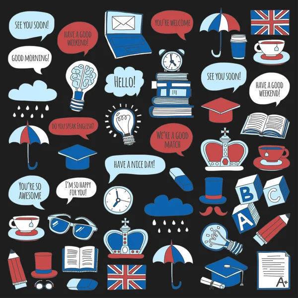 Vektör Doodle desen ve simgeler İngilizce kursları Dil Okulu ayarla.