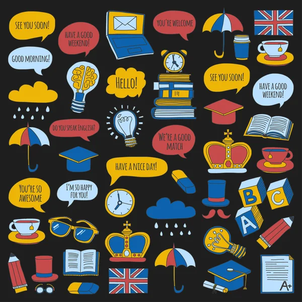 Conjunto de vectores Patrones e iconos de Doodle Cursos de inglés Escuela de idiomas — Archivo Imágenes Vectoriales