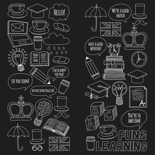 Vektör Doodle desen ve simgeler İngilizce kursları Dil Okulu ayarla.