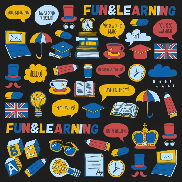 Vektör Doodle desen ve simgeler İngilizce kursları Dil Okulu ayarla.