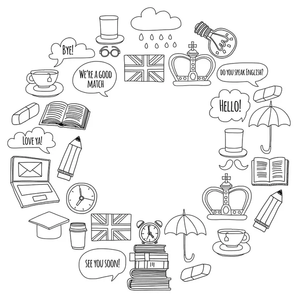 Vektor beállítása Doodle minták és ikonok angol nyelvtanfolyamok, nyelviskola — Stock Vector