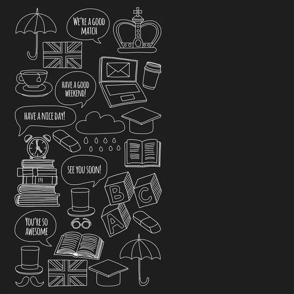 Vektör Doodle desen ve simgeler İngilizce kursları Dil Okulu ayarla.