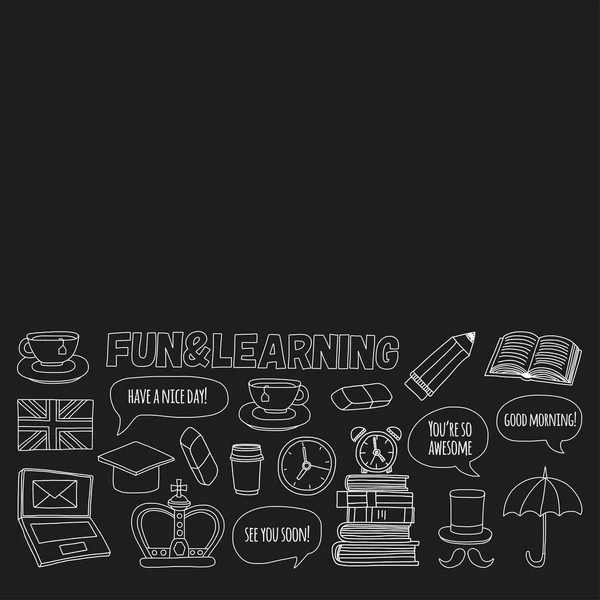 Vektör Doodle desen ve simgeler İngilizce kursları Dil Okulu ayarla.