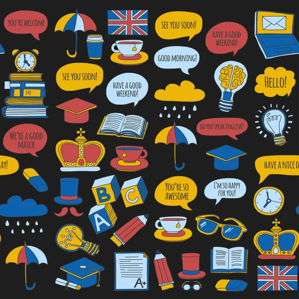 Vektör Doodle desen ve simgeler İngilizce kursları Dil Okulu ayarla.
