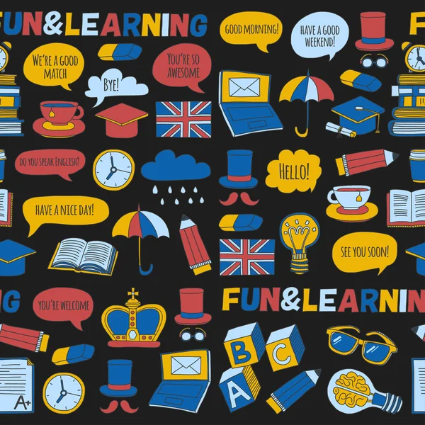 Vektör Doodle desen ve simgeler İngilizce kursları Dil Okulu ayarla.