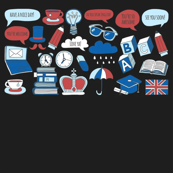 Vektör Doodle desen ve simgeler İngilizce kursları Dil Okulu ayarla.