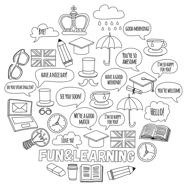 Vektör Doodle desen ve simgeler İngilizce kursları Dil Okulu ayarla.