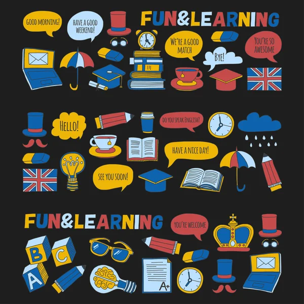 Vektör Doodle desen ve simgeler İngilizce kursları Dil Okulu ayarla.