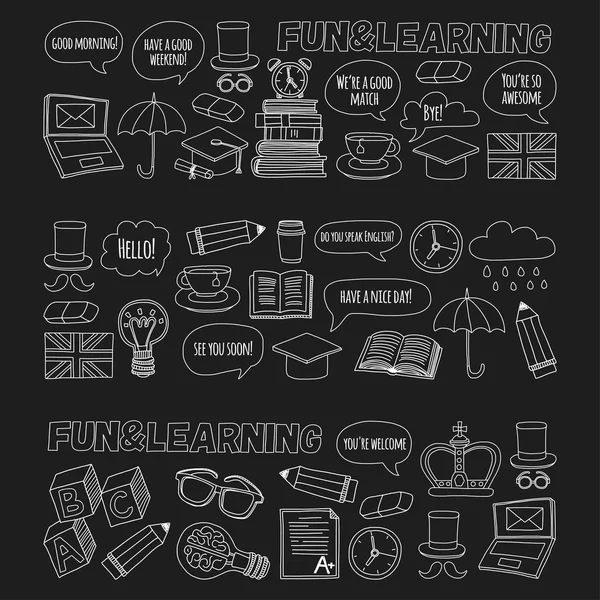 Vector set Doodle patterns and icons English courses Language school — Stock Vector
