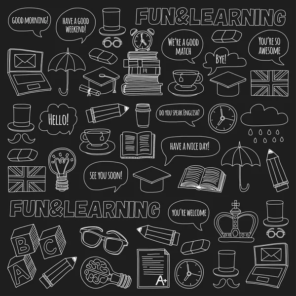 Vektör Doodle desen ve simgeler İngilizce kursları Dil Okulu ayarla.