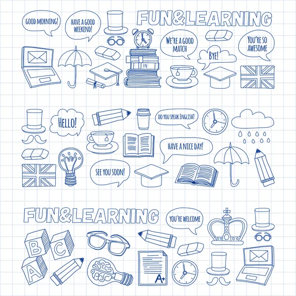 Patrones de doodle vectorial Cursos de inglés Escuela de idiomas — Vector de stock