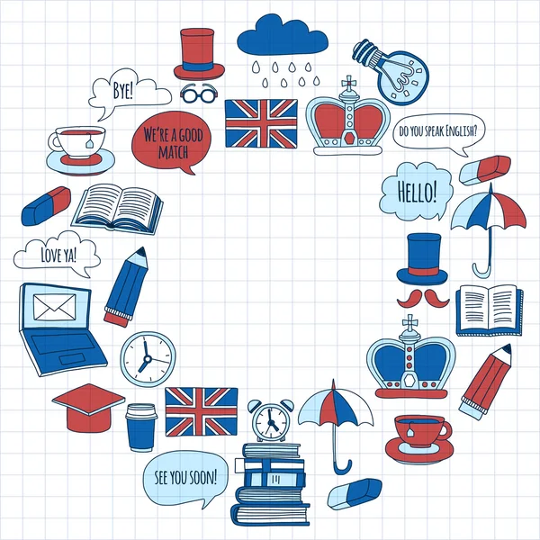 Vektör doodle desenleri İngilizce kursları Dil Okulu — Stok Vektör