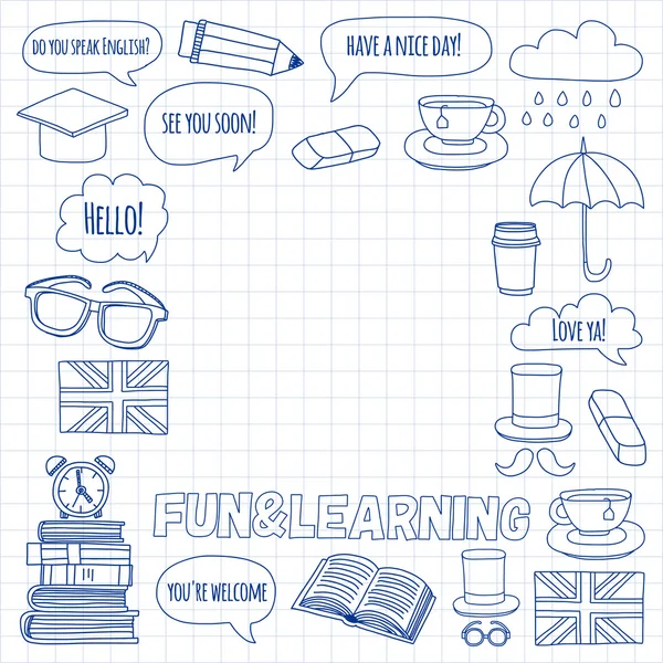 Διανυσματικά σχέδια doodle μαθήματα αγγλικών ξένων γλωσσών — Διανυσματικό Αρχείο