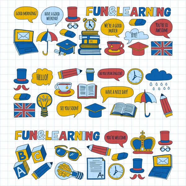 Patrones de doodle vectorial Cursos de inglés Escuela de idiomas — Vector de stock