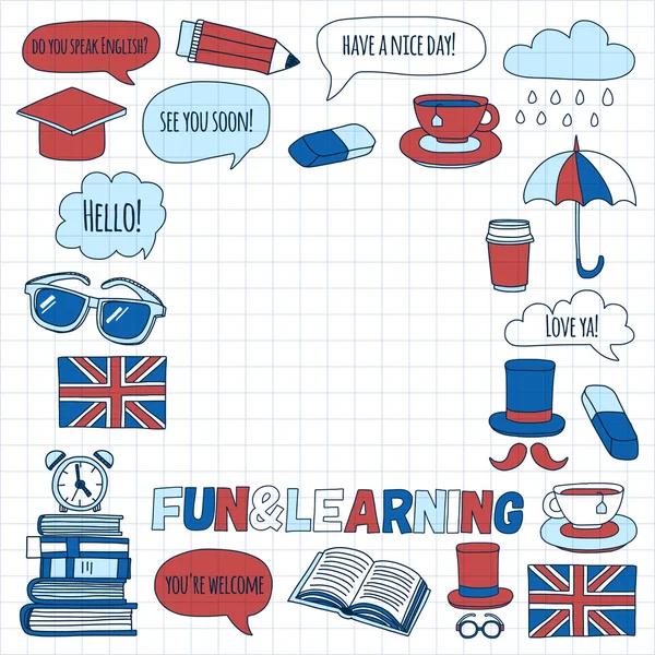 Wektor wzorców doodle kursy angielskiego szkoła języka — Wektor stockowy