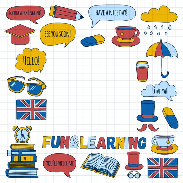 Padrões de doodle vetorial Cursos de inglês Escola de idiomas — Vetor de Stock