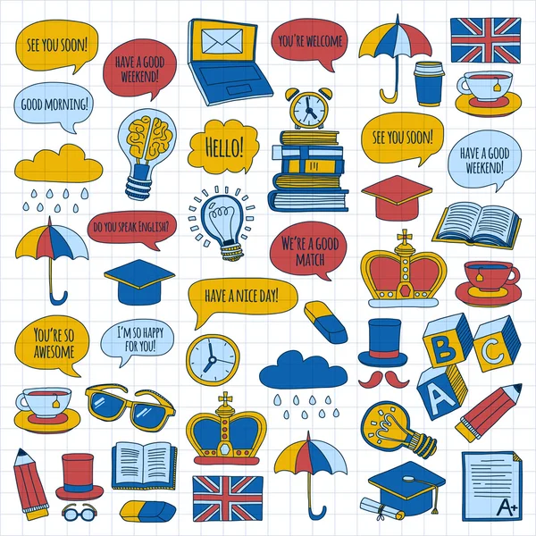 Patrones de doodle vectorial Cursos de inglés Escuela de idiomas — Archivo Imágenes Vectoriales