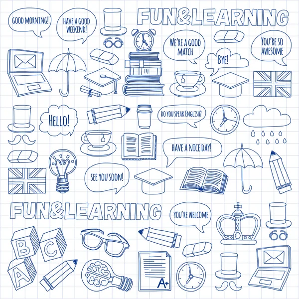 Patrones de doodle vectorial Cursos de inglés Escuela de idiomas — Vector de stock