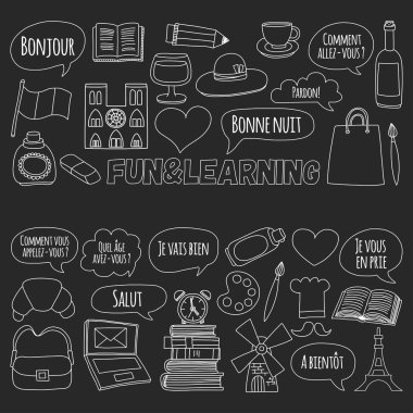 Online Fransızca kursları Dil Okulu vektör doodle simgeler kümesi
