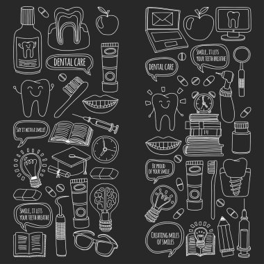 Diş Hekimliği vektör doodle simgeler çocuk diş bakımı kümesi