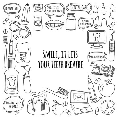 Diş Hekimliği vektör doodle simgeler çocuk diş bakımı kümesi