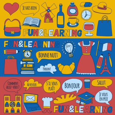 Online french courses Language school Vector set of doodle icons vector