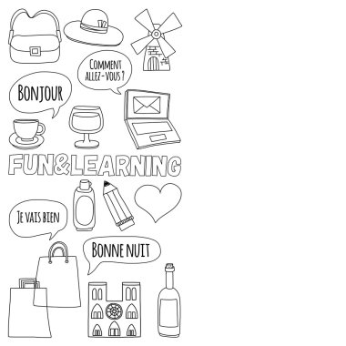 Online Fransızca kursları Dil Okulu vektör doodle simgeler kümesi