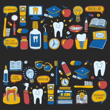 Diş Hekimliği vektör doodle simgeler çocuk diş bakımı kümesi