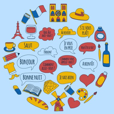 Online Fransızca kursları Dil Okulu vektör doodle simgeler kümesi