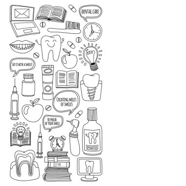 Diş Hekimliği vektör doodle simgeler çocuk diş bakımı kümesi