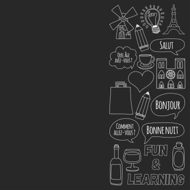 Online Fransızca kursları Dil Okulu vektör doodle simgeler kümesi