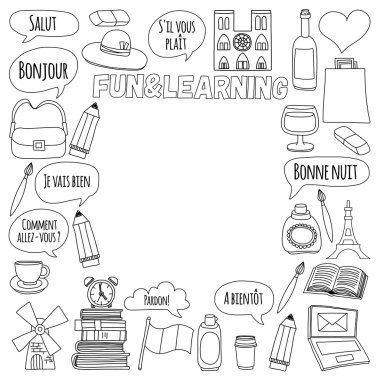 Online Fransızca kursları Dil Okulu vektör doodle simgeler kümesi