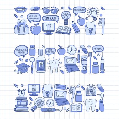 Diş Hekimliği vektör doodle simgeler çocuk diş bakımı kümesi