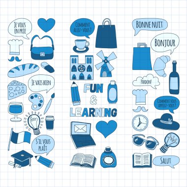 Online Fransızca kursları Dil Okulu vektör doodle simgeler kümesi