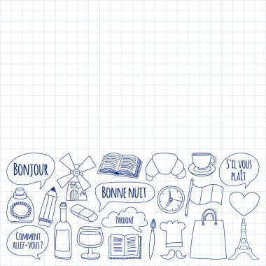 Online Fransızca kursları Dil Okulu vektör doodle simgeler kümesi