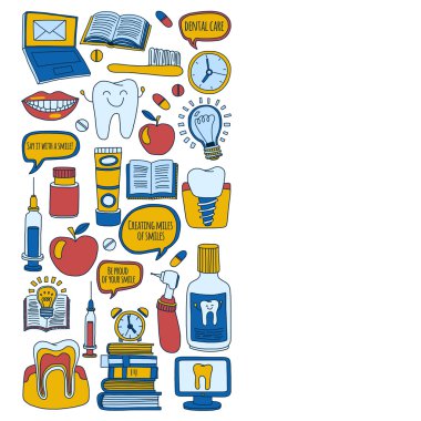 Diş Hekimliği vektör doodle simgeler çocuk diş bakımı kümesi