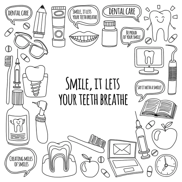Diş Hekimliği vektör doodle simgeler çocuk diş bakımı kümesi