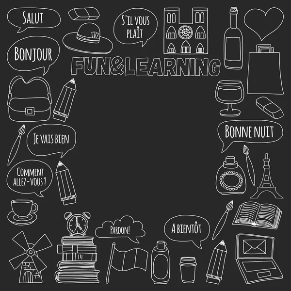 Online Fransızca kursları Dil Okulu vektör doodle simgeler kümesi