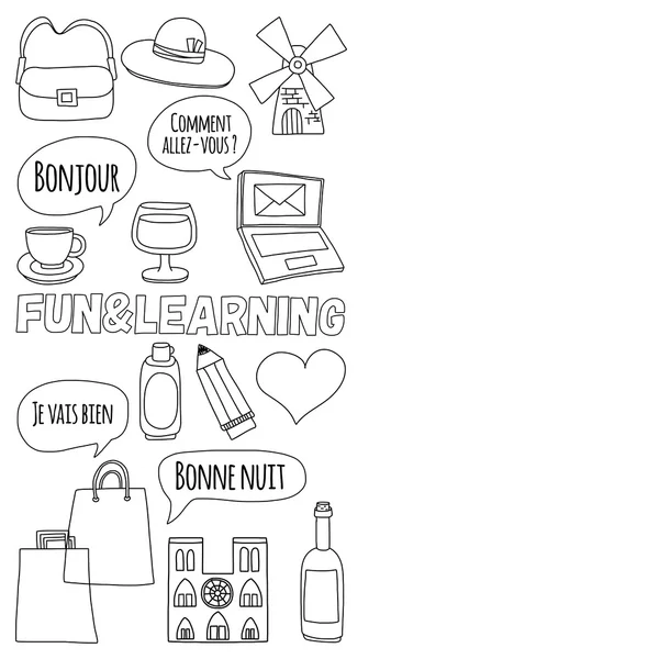 Online Fransızca kursları Dil Okulu vektör doodle simgeler kümesi