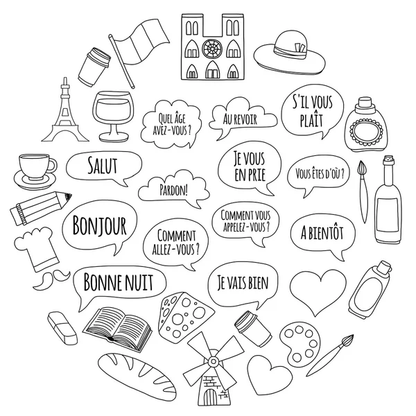 Online Fransızca kursları Dil Okulu vektör doodle simgeler kümesi
