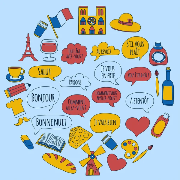 Online Fransızca kursları Dil Okulu vektör doodle simgeler kümesi