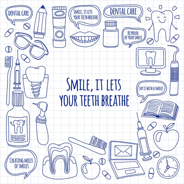 Diş Hekimliği vektör doodle simgeler çocuk diş bakımı kümesi