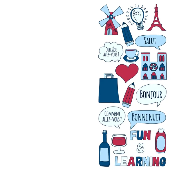 Cursos de francés en línea Language school Vector set of doodle icons — Vector de stock