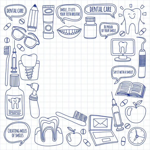 Diş Hekimliği vektör doodle simgeler çocuk diş bakımı kümesi