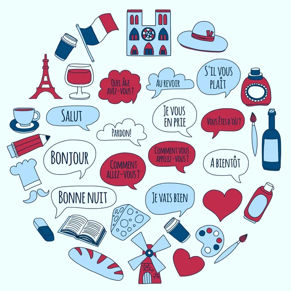 Online Fransızca kursları Dil Okulu vektör doodle simgeler kümesi