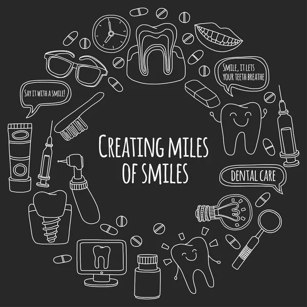 Zahnmedizin Vektor Doodle Set von Symbolen Kinder Zahnpflege — Stockvektor