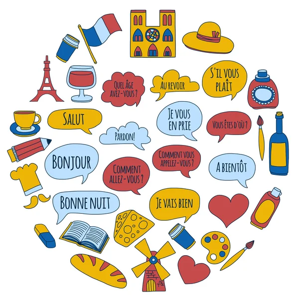 Online french courses Language school Vector set of doodle icons — Stock Vector